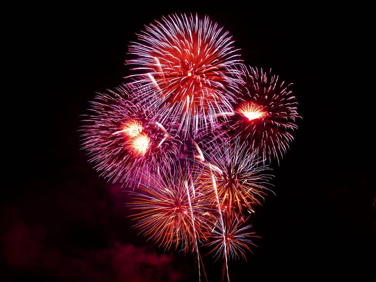 Colorful fireworks burst against a dark night sky, perfect for New Year or Independence celebrations.