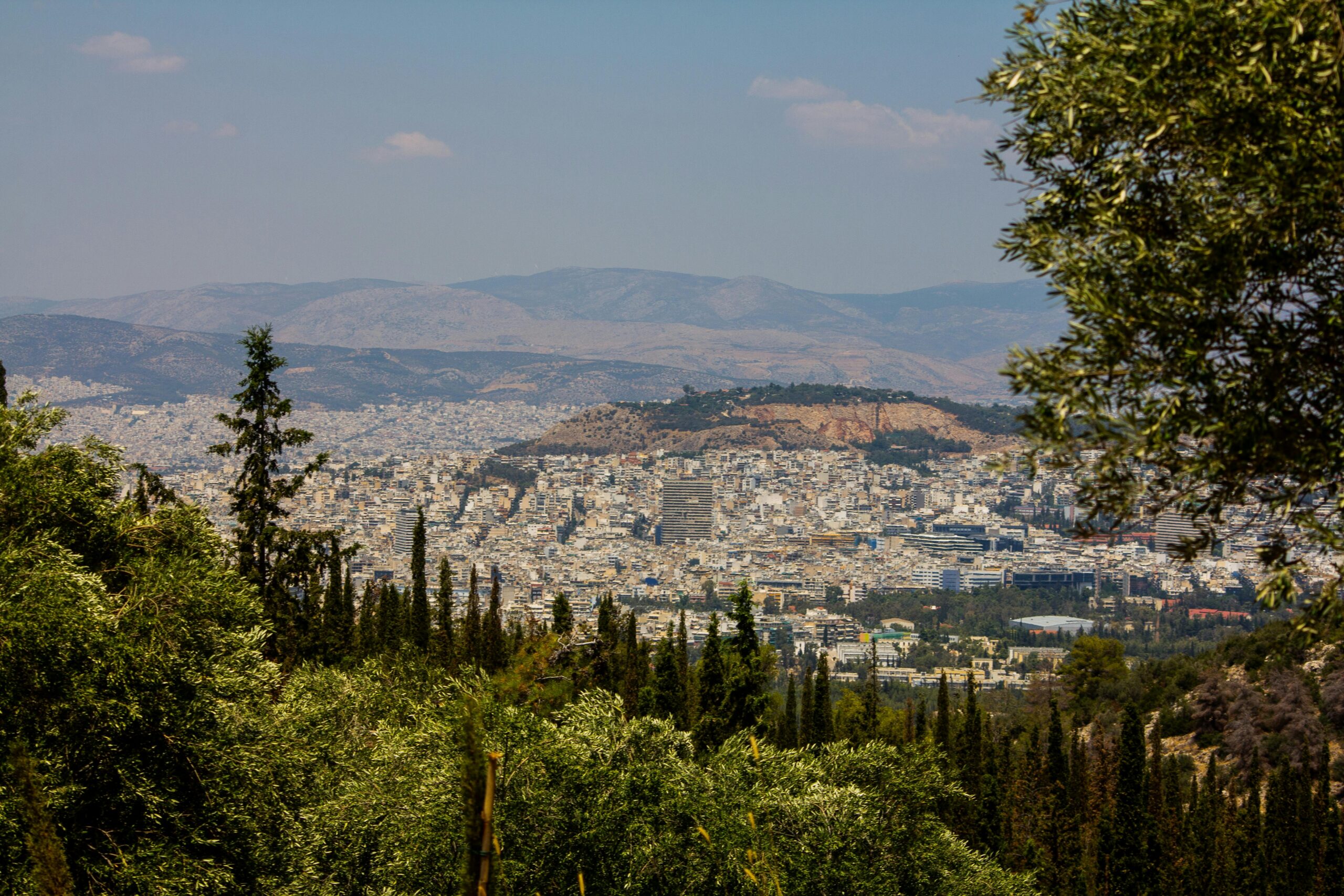 Aerial view of Athens, Greece, framed by lush greenery in the summer.